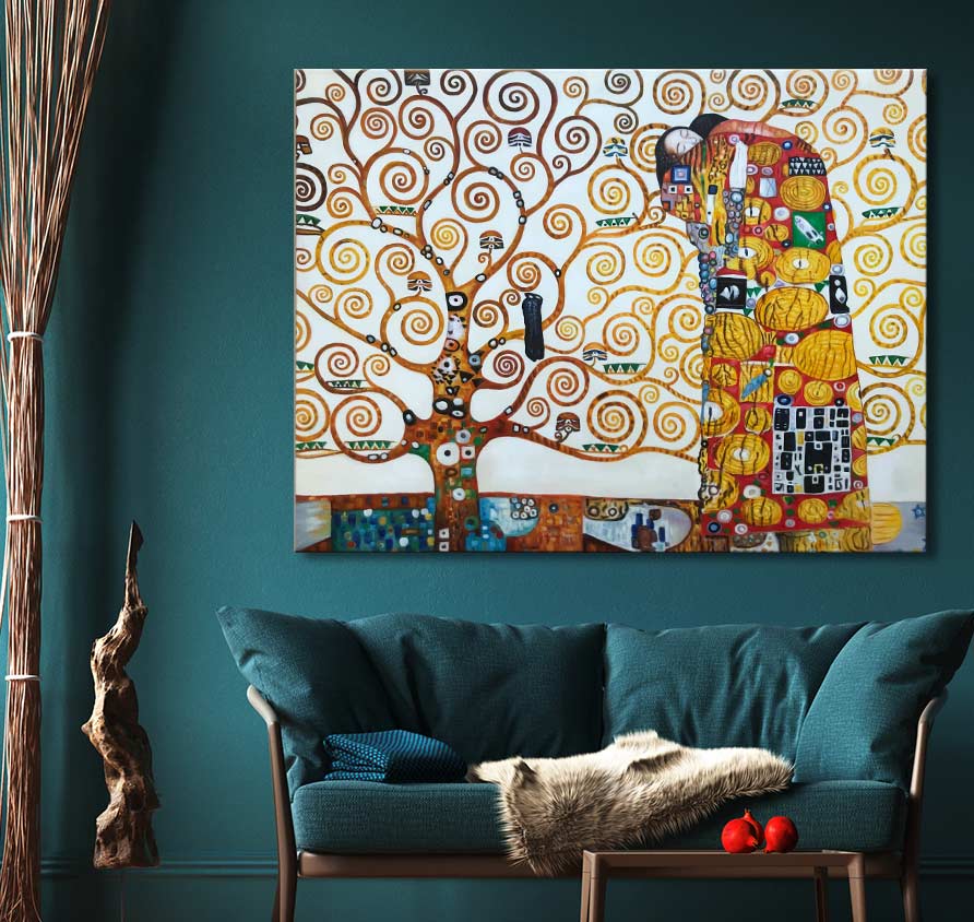 Gustav Klimt – Omarmd onder de Boom: Olieverfschilderij met gouden spiralen en mozaïekfiguren. Geschilderd op canvas, klaar om op te hangen, past perfect in elk interieur.