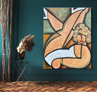 Cubist-inspired painting 'Picasso signature - Marilyn Monroe' depicts a reclining woman. Displayed on teal wall, framed on wood, includes hanging system.