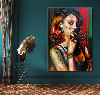 Loui Jover - Smoking Lady: A bold, contemporary portrait of a woman with tattoos, smoking, on a teal wall; hand-painted, expressive, ready to hang.