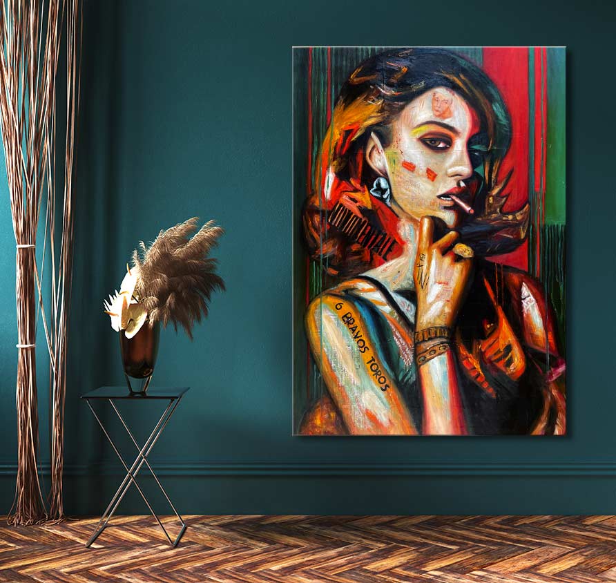 Loui Jover - Smoking Lady: A bold, contemporary portrait of a woman with tattoos, smoking, on a teal wall; hand-painted, expressive, ready to hang.
