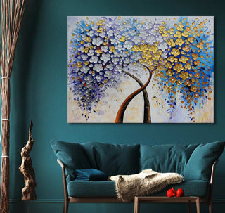 Tree Romance – Thick oil painting on canvas (120x90cm) depicting intertwined blooming trees, adds elegance to a teal-accented living room. Perfect for nature art enthusiasts.