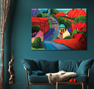 David Hockney's The Road to York through Sledmere painting, featuring a winding country road and vibrant landscape, hanging in a teal-accented living room setting.