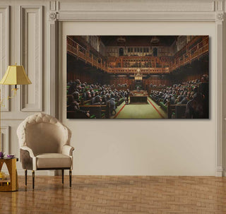 Banksy - Devolved Parliament: Hand-painted canvas of a chimpanzee-filled British parliamentary chamber, elegantly displayed in a tastefully furnished room. Ideal for modern art enthusiasts.