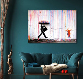 Banksy - Colored Rain: Street art canvas with businessman and child in multicolored rain. Hand-painted, museum-quality, ready-to-hang artwork perfect for modern interiors.