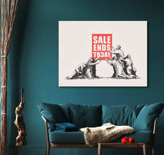 Banksy - End of Sales oil painting: classical figures kneeling toward SALE ENDS TODAY text, styled in pop art, hanging above a teal settee in a modern interior.