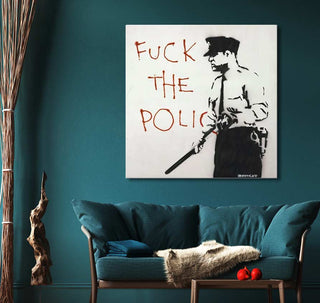 Banksy-inspired To Serve and Protect artwork featuring a police officer with graffiti, hand-painted on museum-quality canvas, ready to hang, no frame needed.