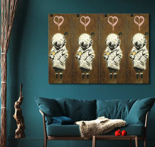 Banksy-inspired 'Four Divers' triptych with hooded figures and yellow birds, perfect for pop art lovers. Hand-painted on canvas, ready to hang.