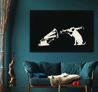 Banksy - His Master's Voice: Hand-painted canvas featuring a dog with a bazooka at a gramophone. Displayed in a stylish living room, ideal for art lovers.