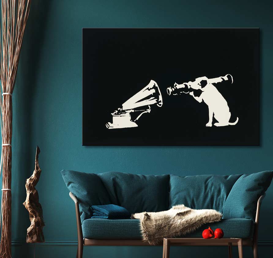 Banksy - His Master's Voice: Hand-painted canvas featuring a dog with a bazooka at a gramophone. Displayed in a stylish living room, ideal for art lovers.