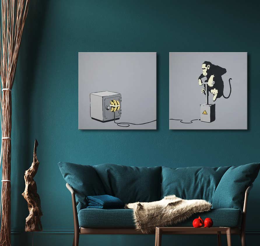 Modern street-art-style duo canvases with a monkey controlling a safe, titled 'Banksy - Monkey Burglary,' displayed in a teal-themed living room setting.