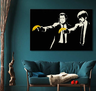 Banksy - Pulp Fiction pop art canvas depicting two figures with bananas, styled in a mid-century-modern living room, ideal for art enthusiasts.
