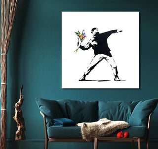 Banksy - Riot on White: Hand-painted canvas depicting a masked protestor with a flower bouquet. Perfect for pop and street art enthusiasts, ready to hang.