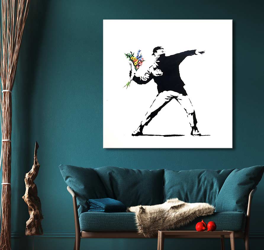 Banksy - Riot on White: Hand-painted canvas depicting a masked protestor with a flower bouquet. Perfect for pop and street art enthusiasts, ready to hang.