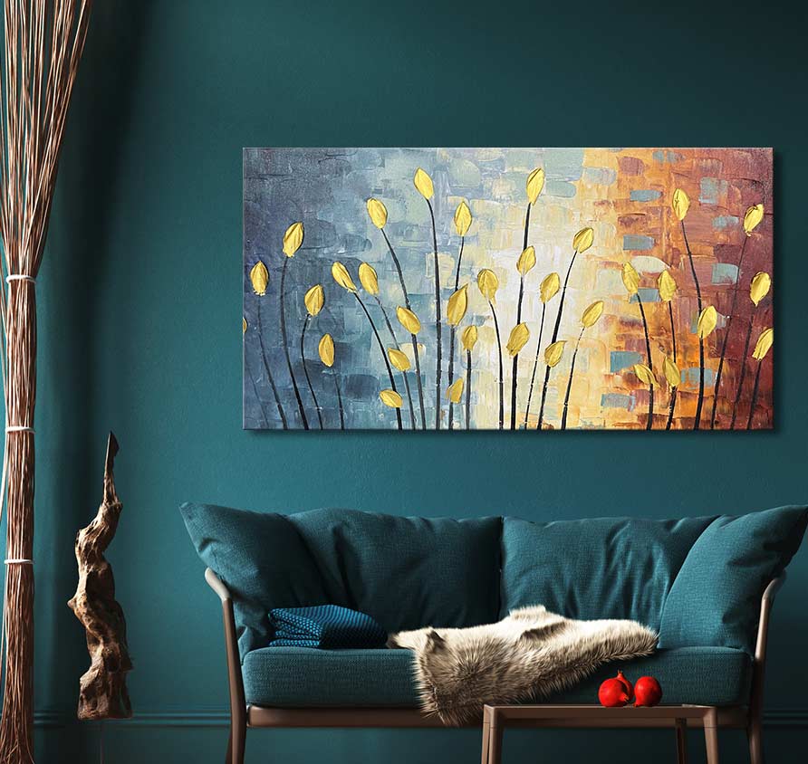 Gouden Tulpen - Dikke olieverf op canvas met abstracte tulpen, strak op houten frame gespannen. Ideaal voor interieurontwerp, direct klaar om op te hangen.
