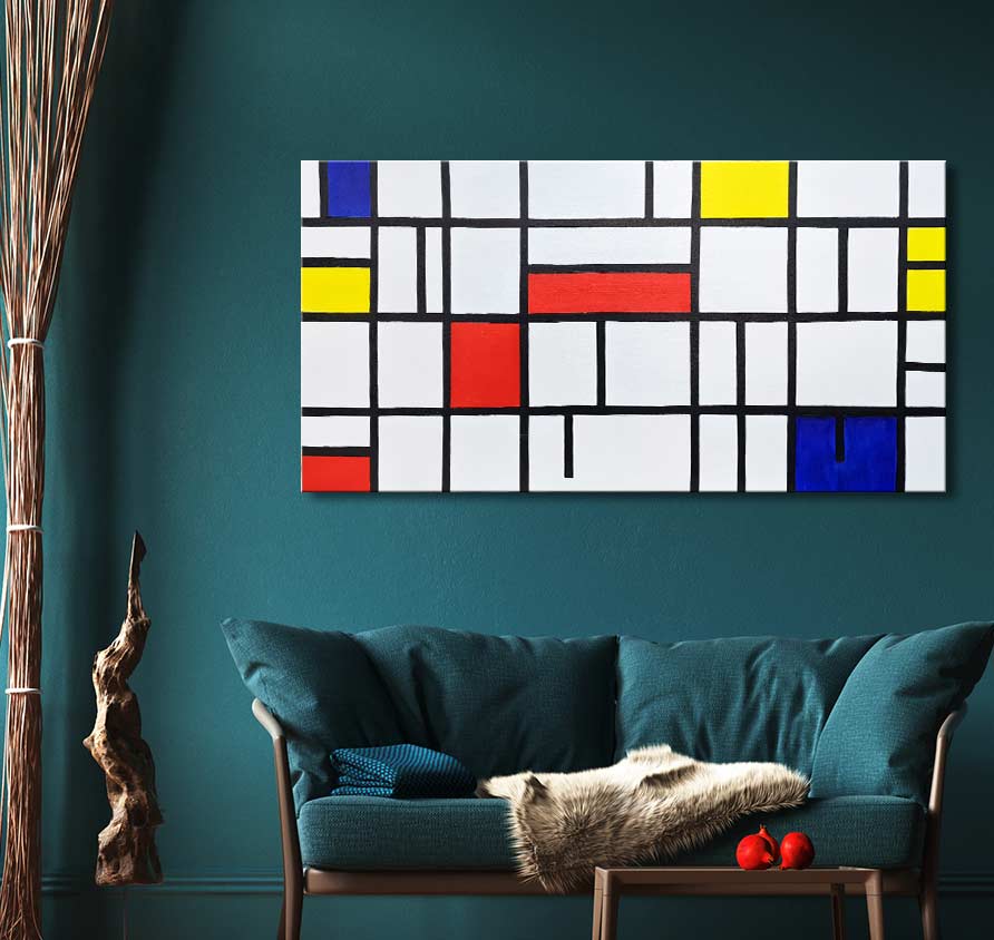 Mondrian-style canvas 'Compositie 2 in Rood, Geel en Blauw' on teal wall. Two-seat sofa, wooden table with red spheres, natural decor elements.