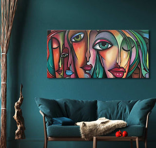 Picasso signature - Girls Together, a hand-painted cubist artwork depicting five expressive female faces on canvas, displayed in a modern living-room setting.