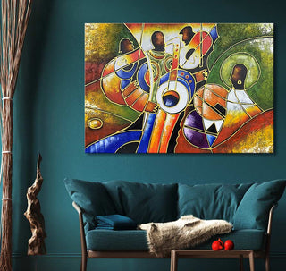 Pablo Picasso's De Sax, modern abstract schilderij, toont vier jazz muzikanten in kubistische stijl. Handgeschilderd op museumcanvas, klaar voor ophangen.