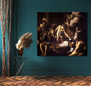Caravaggio's The Martyrdom of Saint Matthew hand-painted canvas shows a gripping Baroque scene with soldiers, a martyr, and an angel, ideal for expressive interiors.