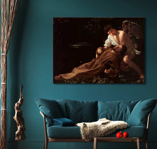 Caravaggio's Stigmatisation of Saint Francis painting, featuring Saint Francis and an angel, displayed in a modern living room. Hand-painted, ready to hang.