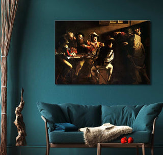 Caravaggio's The Calling of Saint Matthew hand-painted reproduction in a modern living room, displayed above a teal loveseat, highlighting classic expressive artistry.