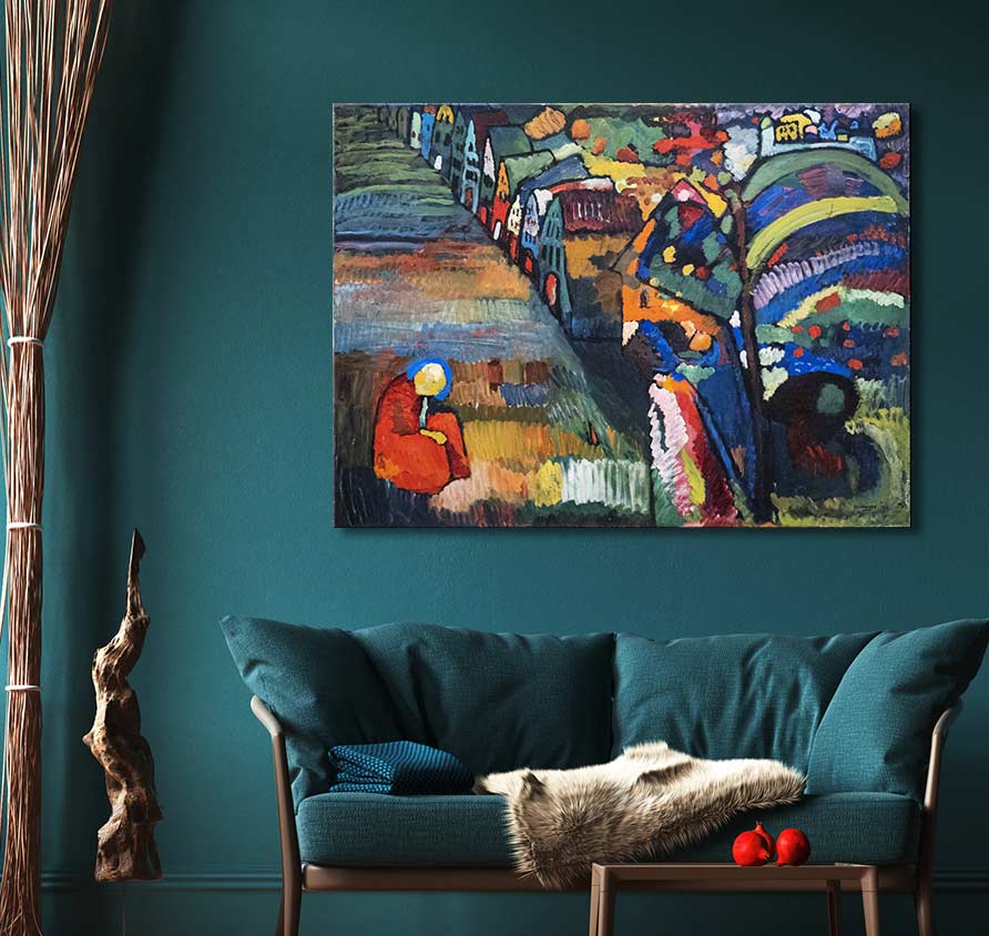 Wassily Kandinsky's Bild mit Häusern painting, featuring colorful abstract houses, hangs above a teal sofa in a modern living room setting.
