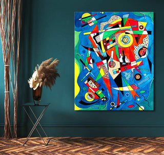 Wassily Kandinsky - Composition VI: Abstract painting with geometric shapes and primary hues, displayed on a teal wall. Includes mounting; UV-protected, museum-quality canvas.