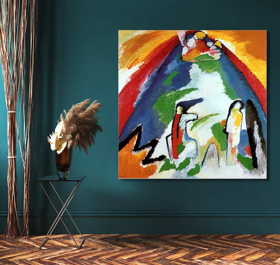 Wassily Kandinsky's Berg abstract painting on teal wall, complemented by a metal table with vase and dried grasses, perfect for modern interior design.