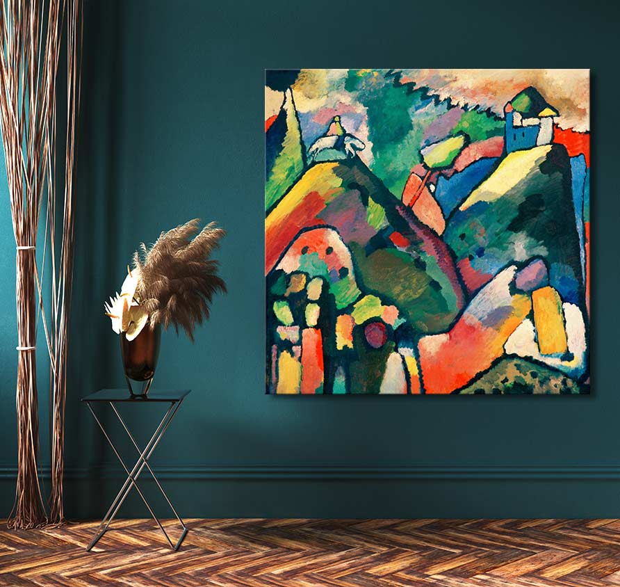Wassily Kandinsky's Improvisation 1 displayed in a modern room, featuring abstract landscapes. Mounted on teal wall, complements black table and pampas grass.