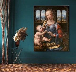 Leonardo da Vinci's Madonna of the Carnation oil painting, showcasing the Virgin Mary and Christ Child, framed and ready to hang, ideal for elegant interior design.