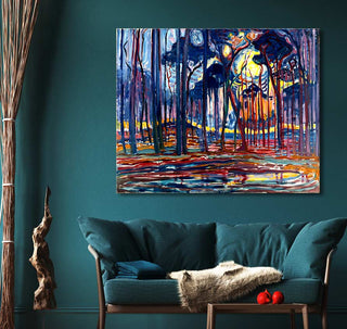 Piet Mondriaan's Bosch bij Oele oil painting, depicting a vibrant forest scene, adorns a teal-wall living room with a cozy settee and decorative elements.