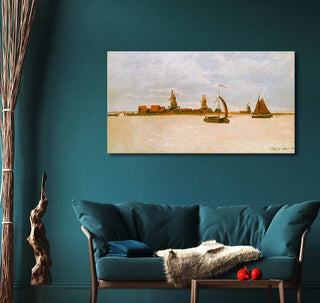 Claude Monet's De Voorzaan en de Westerhem painting, showcasing a serene maritime landscape with windmills, elegantly displayed above a cozy loveseat in a teal living room.