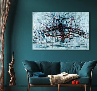 Piet Mondriaan's 'Tree 1912' painting, an abstract oil artwork on teal wall, complements the modern living room's decor with high-quality materials.