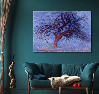 Piet Mondriaan's 'De Rode Boom' oil painting, featuring a vibrant tree, hangs above a teal sofa in a curated living room setting.
