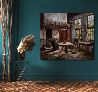 Piet Mondriaan's Boerderij-woning oil painting depicts a rustic kitchen scene with a figure by a fireplace, ready to hang, ideal for modern art enthusiasts.