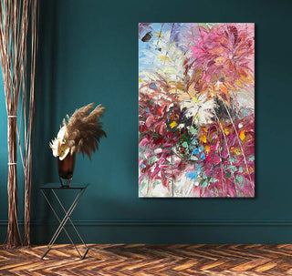 Bloemen uit Saint-Tropez - Olieverf op canvas, abstract schilderij met bloemmotief, kleurrijke patronen, opgespannen op houten frame, perfect voor modern interieurontwerp.