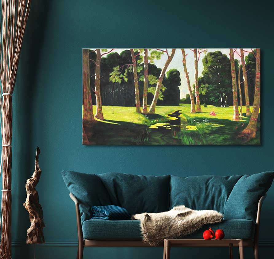 Claude Monet – Ochtend in de Tuin olieverfschilderij, toont een zonovergoten berkengroevenscène. Ideaal voor een stijlvolle woonkamerinrichting, zoals gezien op degrootmeesters.com.