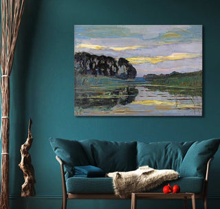 Piet Mondriaan's Boerderij aan de Gein, hand-painted landscape oil painting depicting a tree-lined riverbank at sunset, hangs above a teal two-seat sofa.