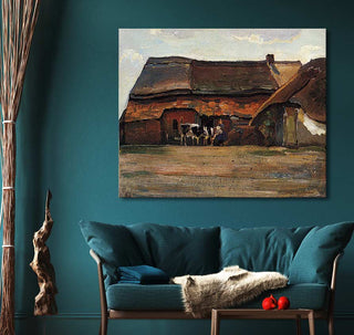 Piet Mondriaan's Brabantse Boerderij oil painting depicting a rustic barn with cows, complemented by a teal sofa and natural elements. Ideal for modern interiors.