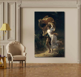 Twee rennende figuren in een bos, getiteld De Storm door Pierre-Auguste Renoir. Handgeschilderd olieverfschilderij, klaar om op te hangen.