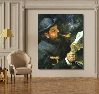 Pierre-Auguste Renoir - Claude Monet Leest Krant, impressionistisch schilderij van Monet met krant, in klassieke ruimte met fauteuil, tafeltje en lamp. Geschilderd op museumkwaliteit canvas.