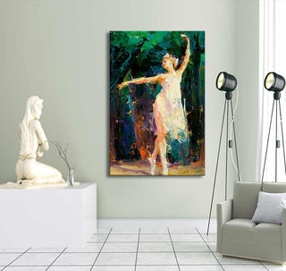 Ballerina in het Bos - Olieverf op canvas: Kleurrijke, impressionistische schilderij van een dansende vrouw, perfect voor liefhebbers van handgeschilderde kunst en moderne interieurontwerpen.