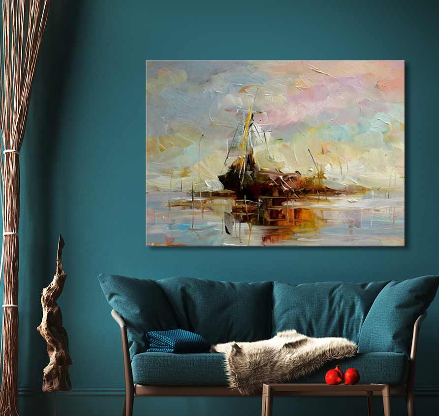 Handgeschilderd olieverfschilderij 'Windstil bij Ameland' op canvas, toont boten in een serene zee, perfect voor liefhebbers van romantische kunst.