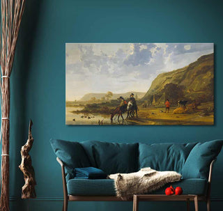 Olieverfschilderij 'Ruiters in Rivierenlandschap' van Aelbert Cuyp boven een teal sofa, toont ruiters bij een rivier. Geschilderd op museumkwaliteit canvas.