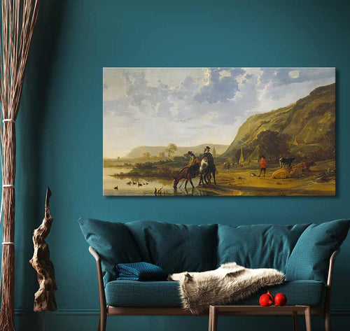 Olieverfschilderij 'Ruiters in Rivierenlandschap' van Aelbert Cuyp boven een teal sofa, toont ruiters bij een rivier. Geschilderd op museumkwaliteit canvas.