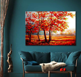 Boomlandschap olieverfschilderij met rode en oranje bomen op een zacht verlicht veld, getiteld Salvador Dali Signature. Geschikt voor liefhebbers van natuurkunst.