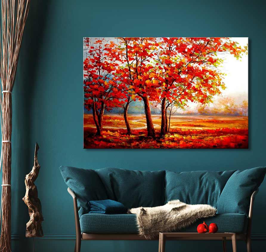 Boomlandschap olieverfschilderij met rode en oranje bomen op een zacht verlicht veld, getiteld Salvador Dali Signature. Geschikt voor liefhebbers van natuurkunst.