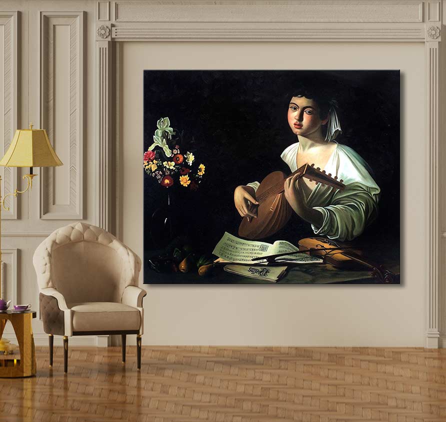 Michelangelo - De Luitspeler: Handgeschilderd olieverfschilderij van een jonge muzikant met luit, geïnspireerd door Caravaggio, op museumkwaliteit canvas. Ideaal voor klassieke kunstliefhebbers.