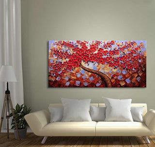 Zomerlinde in Bloei – Dikke olieverf op canvas toont een bloeiende lindeboom in abstract ontwerp, perfect voor een modern interieur met natuur geïnspireerde kunst.