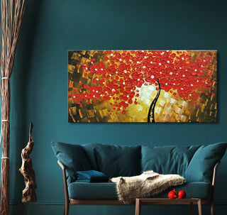 Esdoorn in Bloei – Dikke olieverf op canvas (100x50cm): A vibrant tree painting with red blossoms, set against a rustic pastel background, enhancing any living space.