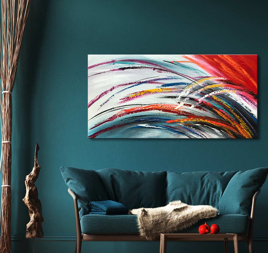 Feathers - Olieverf op canvas, toont kleurrijke vederstructuren op pastelachtergrond. Modern abstract kunstwerk, klaar om op te hangen, verlevendigt elke ruimte.